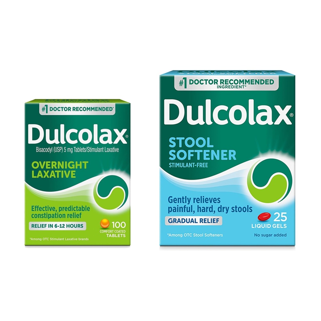 Dulcolax Stimulant Laxative Tablets, Gentle Overnight Constipation Relief, Bisacodyl 5mg, 100 Ct Stool Softener Laxative Liquid Gel Capsules for Gentle Relief, Docusate Sodium 100mg, 25 Ct