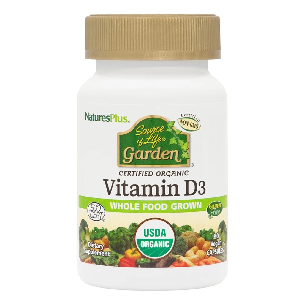NaturesPlus Source of Life Garden Vitamin D3 - 60 Capsules, Pack of 3 - Immune System Support - USDA Certified Organic, Non-GMO, Vegan, Gluten Free - 90 Total Servings