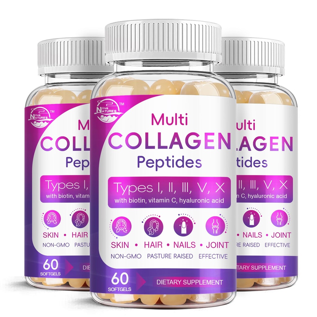 Multi Collagen Peptides Softgel - Type I, II, III, V, X - Hydrolyzed Collagen Peptides with Biotin, Vitamin C, Hyaluronic Acid, Supports Skin Hair Nail, Grass-Fed, Non-GMO, 60 Softgel, 3 Pack
