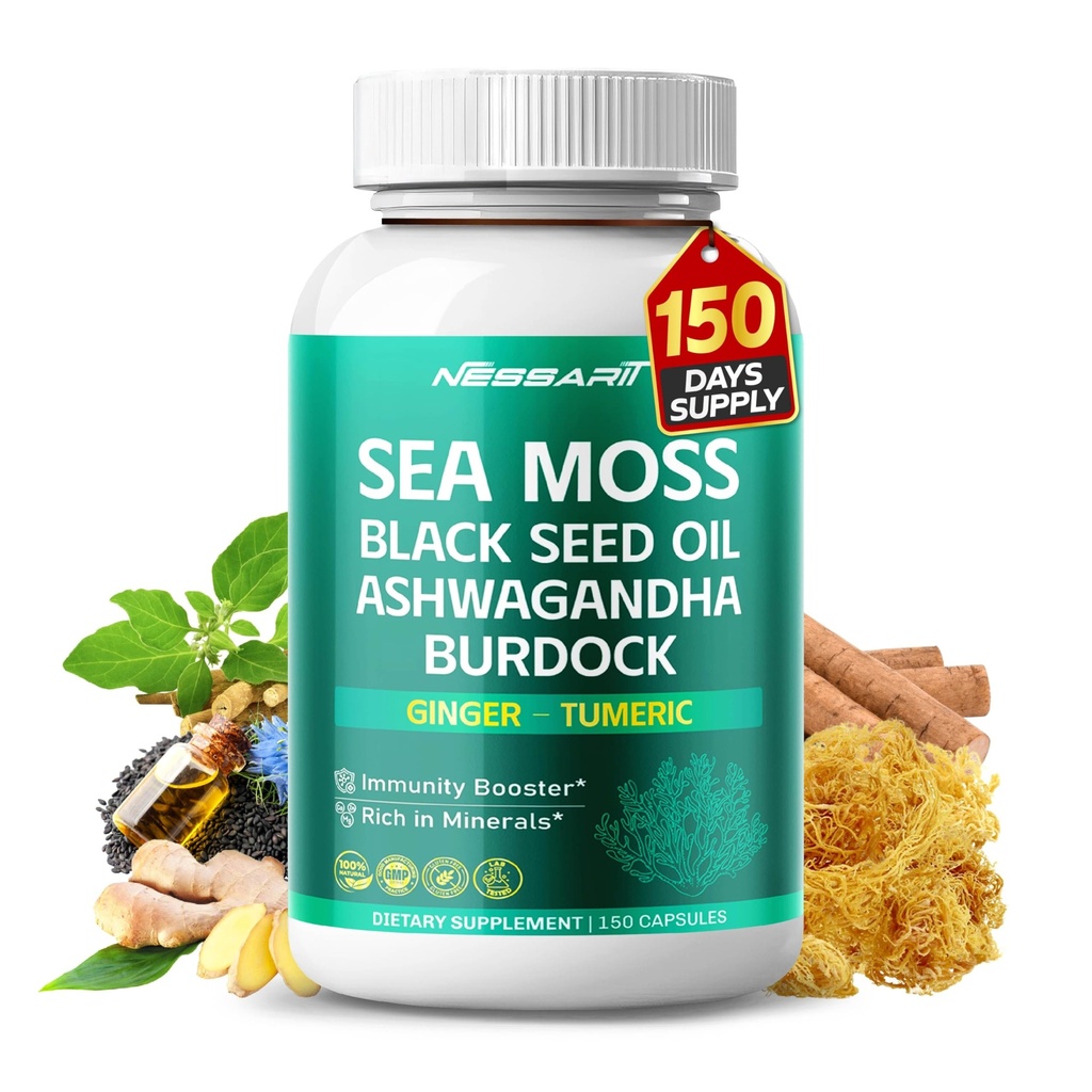 Sea Moss Supplement - 16-in-1 Natural Blend with Black Seed Oil Ashwagandha Burdock Bladderwrack Ginger Dandelion - 150 Count