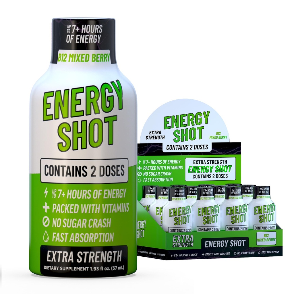 B12 Mixed Berry Extra Strength Energy Shot 12 pk – 260mg Natural Caffeine B12 B6 – Energy & Vitality Support – 2 Servings Sugar Free Zero Calorie Green Tea B-Vitamins Electrolytes Vegan – 1.93 fl oz