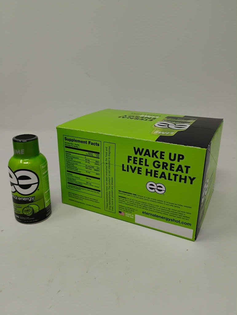 Eternal Energy shot LIME flavor. The healthy choice to lasting energy with 25 vitamins, amino acids, and antioxidants. The ingredients in Eternal Energy are proven to provide *Balanced Energy, *Increased Focus, and *Athletic Endurance. (12 Pk)