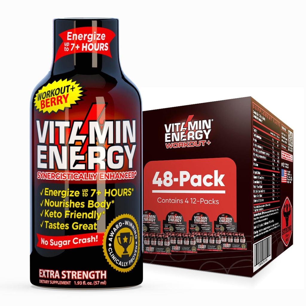 Vitamin Energy Workout+ Extra Strength Energy Shot Berry 48 Pack, 260mg Natural Caffeine, Pre-Workout, B-Vitamins, Minerals, Endurance & Performance, Zero Sugar, Gluten-Free, Vegan, 1.93 fl oz