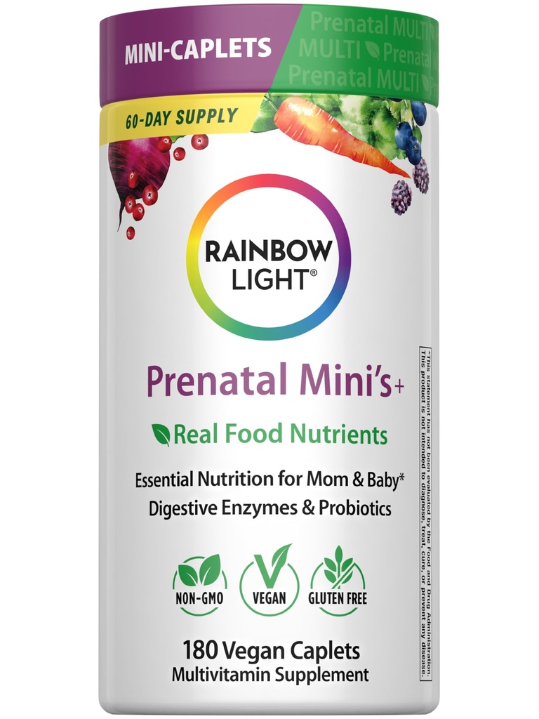 Rainbow Light Prenatal + Multivitamin for Women | 180 Vegan Caplets | Essential Nutrition for Mom & Baby | Real Food Nutrients, Digestive Enzymes, & Probiotics