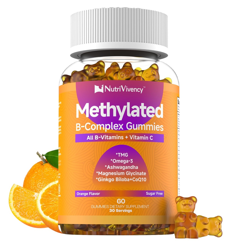Methylated Vitamin B Complex Gummies, All B Complex Vitamins for Women Men, with Omega-3, Ashwagandha, Magnesium, Vitamin C, CoQ10, TMG for Energy Support, B1, B2, B3, B5, B6, B7, Sugar Free, 60 Count
