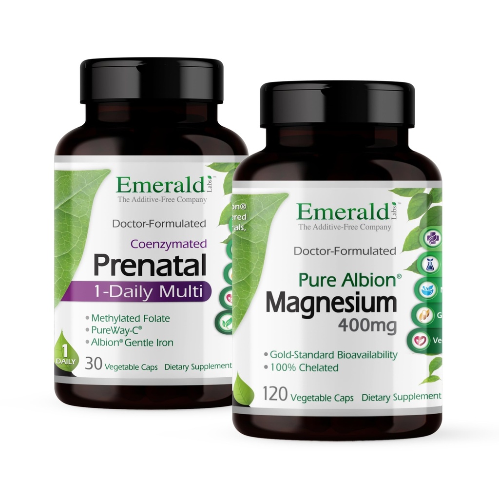 Emerald Labs Bundle with Prenatal 1-Daily Multi (60 Veg Caps) & Magnesium 400mg (120 Veg Caps) - Prenatal Multivitamin with Methylated Folate, Iron & More* - Bone & Sleep Support with Albion Magnesium