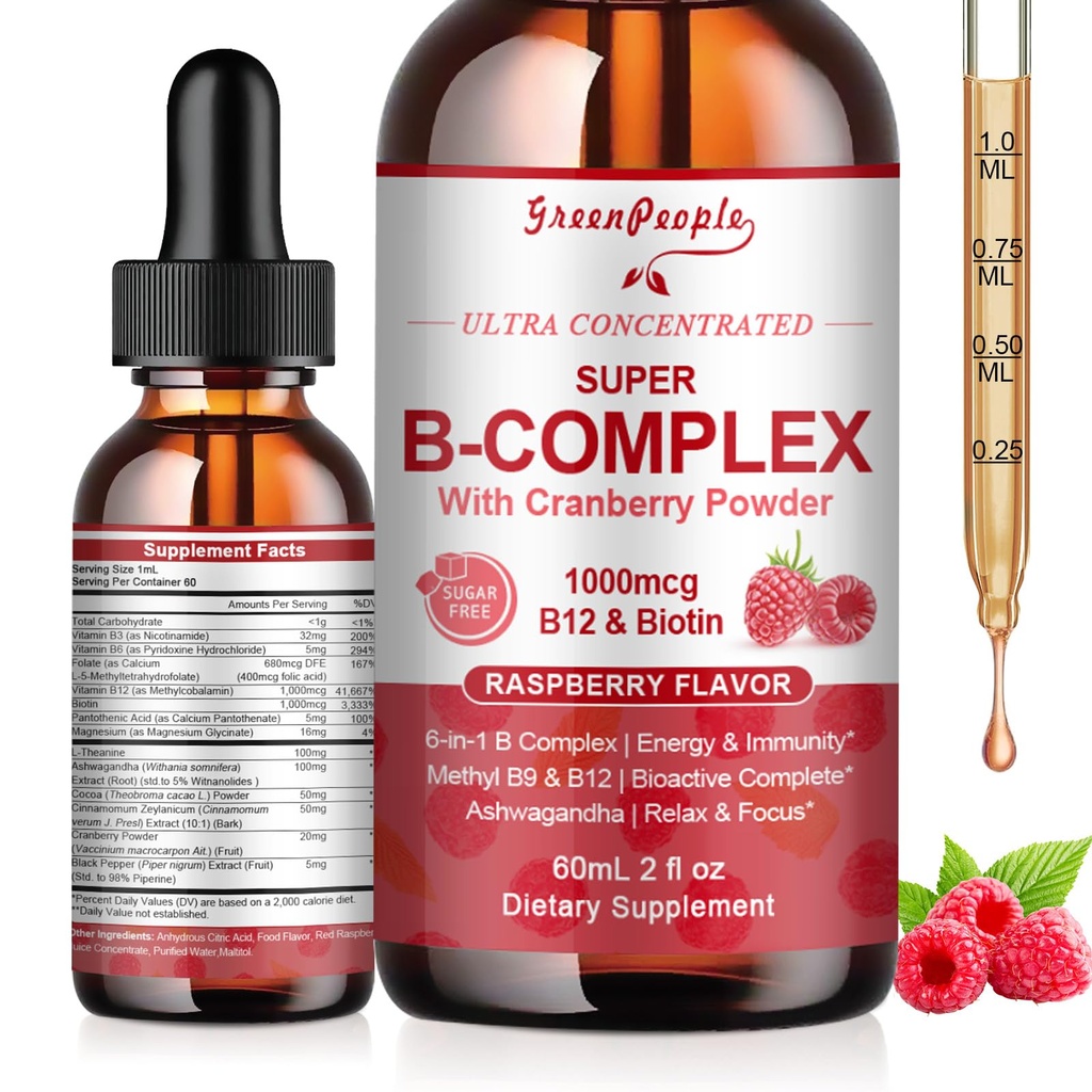 GREENPEOPLE Vitamin Methylated B Complex | Methyl B12 + L-Methyl Folate | Support Energy Metabolic, Immunity & Cognitive | 6 Super B Complex w/Mg, Ashwagandha & L‑Theanine for Women -Vegan, 2fl 2 Pack