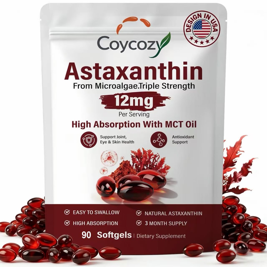 Astaxanthin 12mg Natural 90 Softgels Astaxanthin Supplement Antioxidant Support Eye Skin Health | Internal Circulation,3 Month Supply| Non-GMO,Gluten-Free,No Soy (90 Count (Pack of 1))