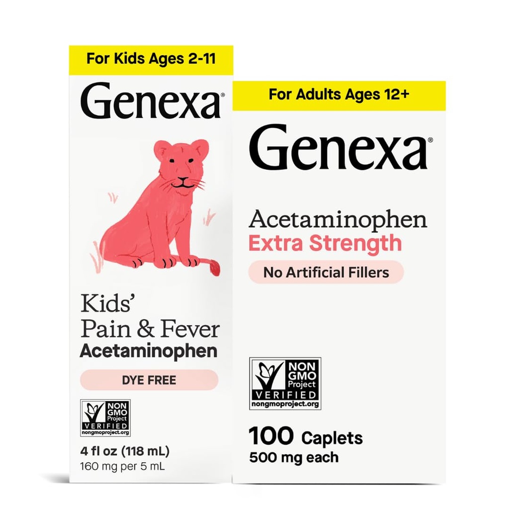 Genexa Kids & Adults Clean Acetaminophen Combo | Family Pain & Fever Bundle | Dye Free, 0% Artificial Additives | Vegan & Non-GMO | Medicine Made Clean | Ages 2-11, 12+ (2 Pack)