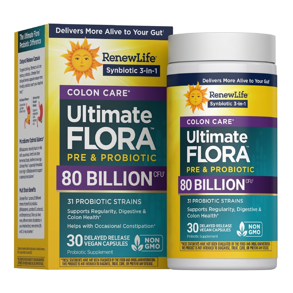 Renew Life Probiotic Colon Care Probiotic Capsules, Daily Supplement Offers Colon Support, L. Rhamnosus GG, Dairy, Soy and gluten-free, 80 Billion CFU, 30 Count