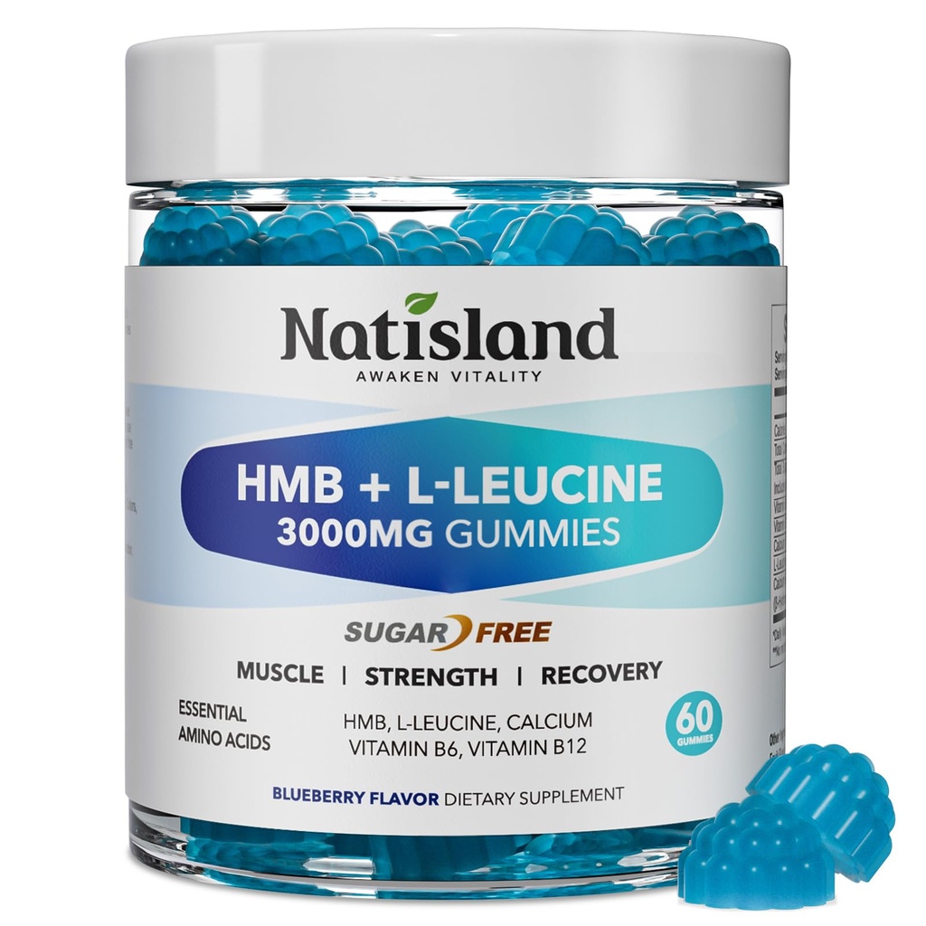 HMB and L-Leucine Gummies, HMB and Leucine Amino Acid Supplements for Men & Women, Muscle Mass & Strength, Muscle Recovery & Health, Sugar-Free, Vegan, Blueberry Flavor, 60 Count