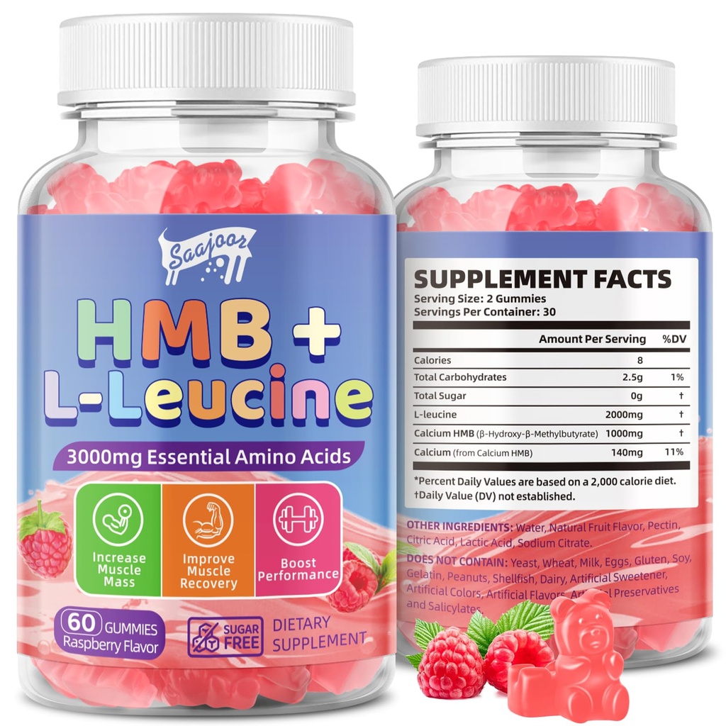 HMB and L-Leucine 3000mg with Calcium Gummies - Muscle Support & Recovery for Adults & Elderly, Vegan, Non-GMO, Gluten Free, 60 Gummies