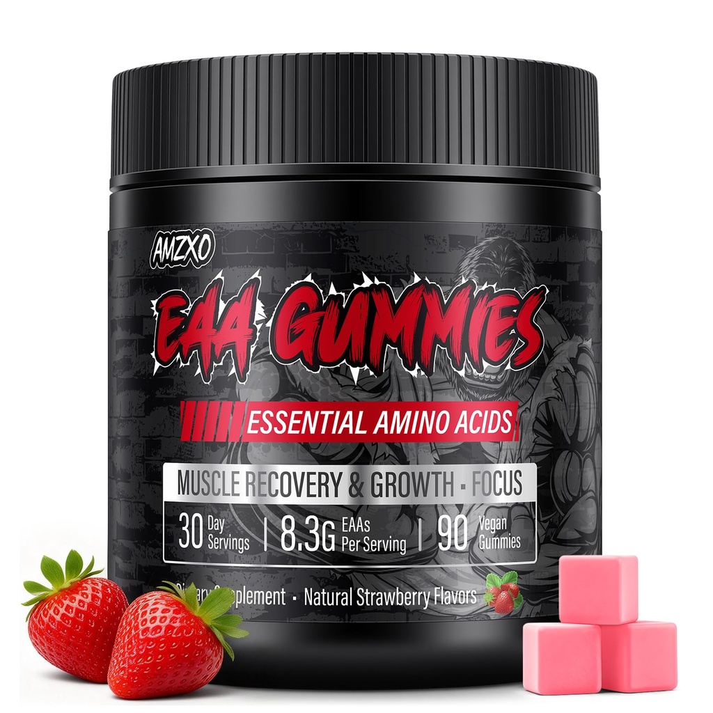 EAA Gummies - 2:1:1 BCAA Formula (8300mg) - Essential Amino Acids for Muscle Recovery & Endurance - Non-GMO, Gluten Free, Sugar Free, Vegetarian, Strawberry Flavor - 90 Count