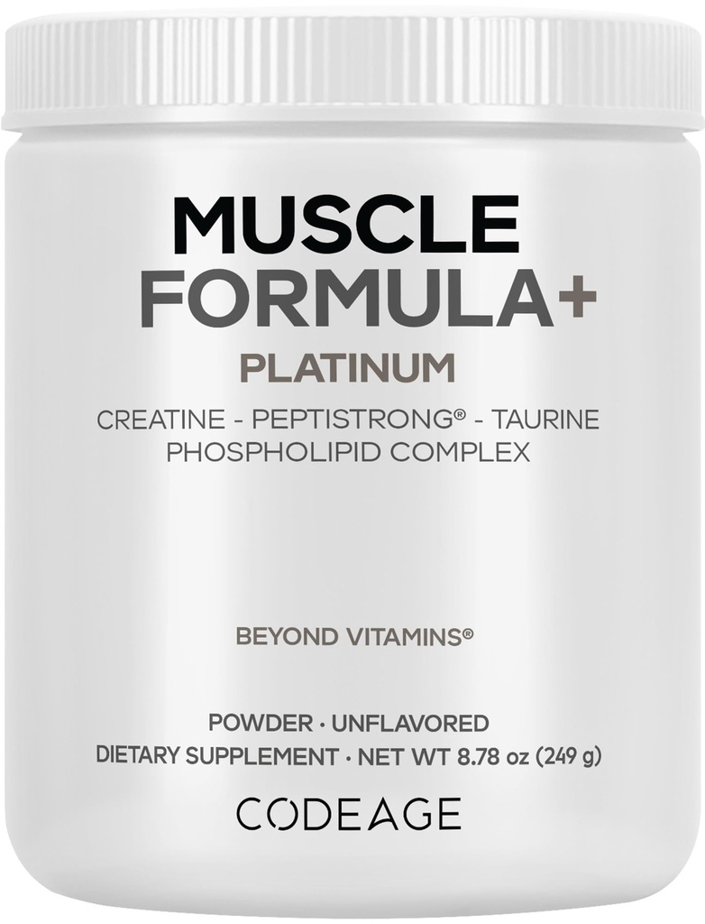 Codeage Muscle Formula+ Platinum Supplement - Creatine Monohydrate, PeptiStrong Fava Bean Protein Hydrolysate, Taurine, Vitamin D3, Liposomal Delivery - Non-GMO - Unflavored Protein Powder - 8.78 Oz