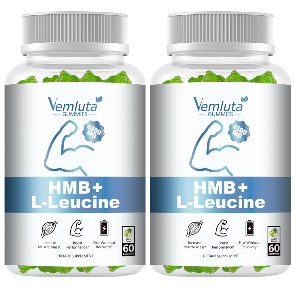 2 Packs HMB and Leucine Supplements Gummies for Men, Women - 4500MG, HMB ＆ Leucine for Muscle Recovery & Growth Support, Non-GMO, Gluten-Free, Adults & Elder, Apple Flavor, 120 Counts