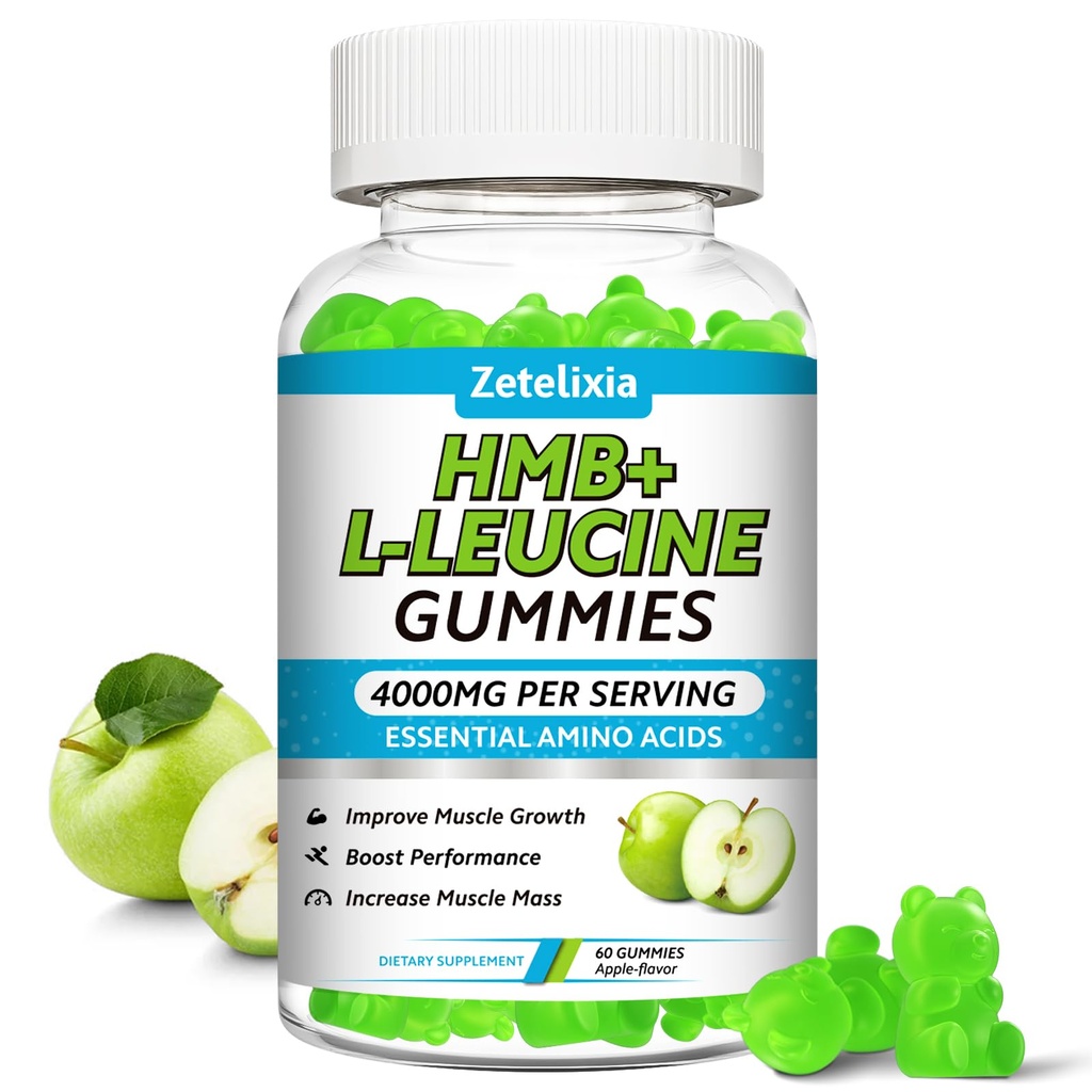 HMB and L-Leucine Gummies, 4000mg HMB and Leucine Supplements Amino Acid Gummies for Men & Women, Support Muscle Growth, Muscle Relief and Workout Recovery, Sugar-Free, Vegan, Apple Flavor, 60 Count