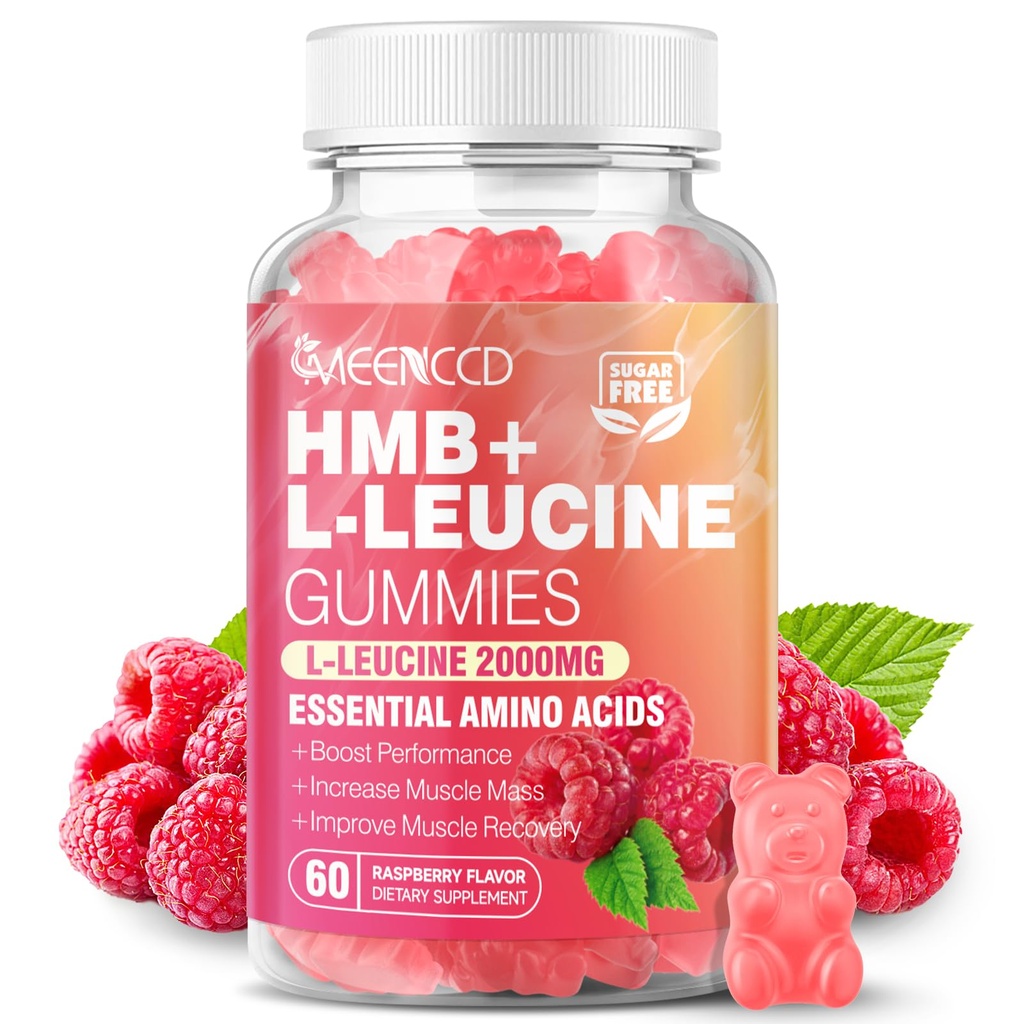 MEENCCD HMB and L-Leucine Gummies, HMB and Leucine Amino Acid for Muscle Growth, Muscle Maintenance, and Muscle Comfort, for Men & Women, Sugar-Free, Raspberry Flavor, 60 Count