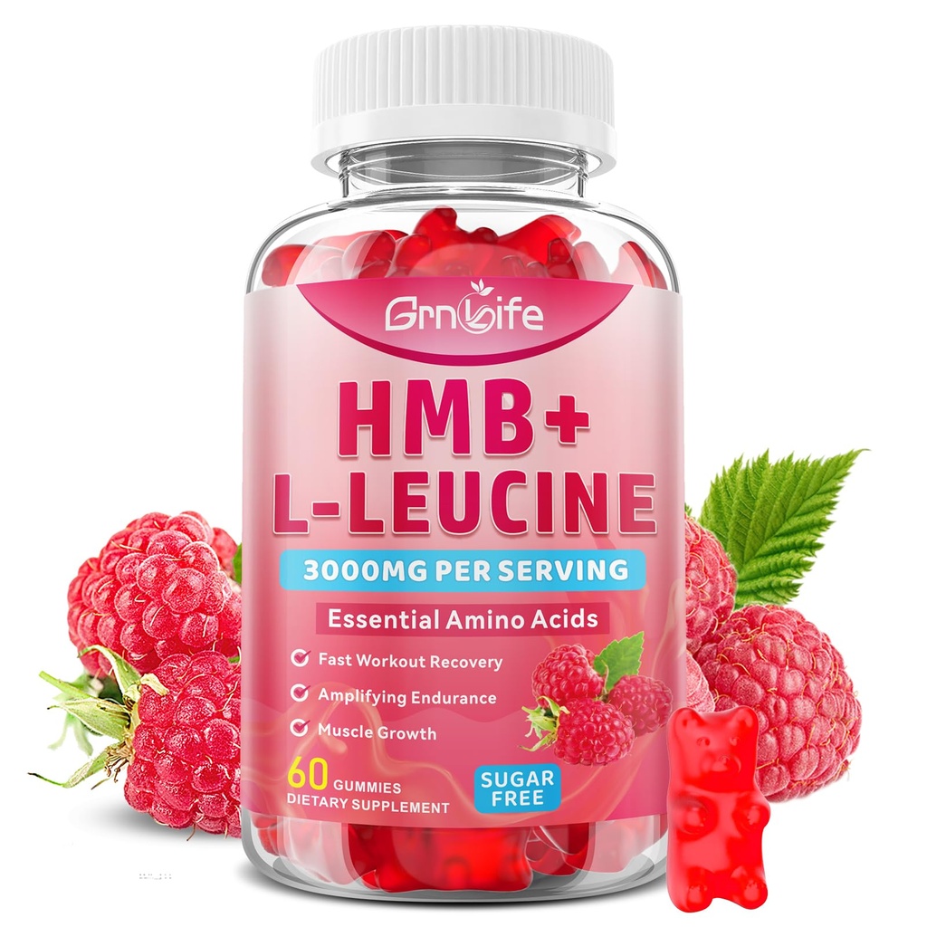 HMB and L-Leucine Gummies, HMB and Leucine Amino Acid for Adults & Elder, for Muscle Growth, Muscle Relief and Workout Recovery, Sugar-Free, Raspberry Flavor, 60