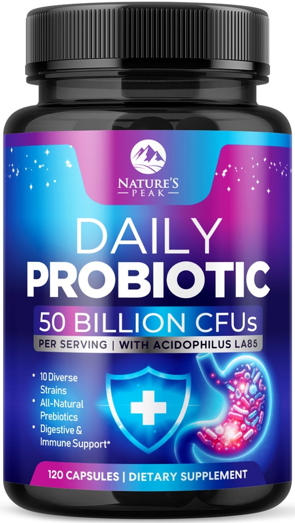 Probiotics 50 Billion CFU Per Serving - 10 Premium Strains + Digestive Enzymes & Prebiotics - Best Probiotic for Women & Men, Supports Immune, Gut Health, Constipation, Gas & Bloating - 120 Capsules