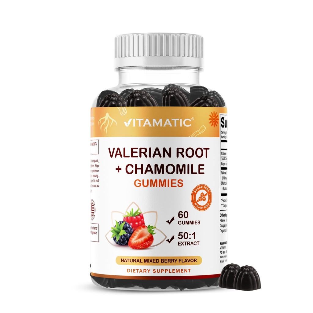 Vitamatic Valerian Root & Chamomile Gummies – Plant-Based Botanical Extract – Mixed Berry Flavor – Vegan, Non-GMO, Gluten-Free – Herbal Supplement – 60 Count