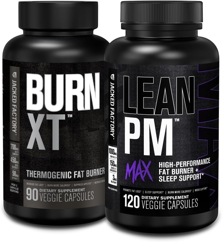 Jacked Factory Burn XT Termogeninis riebalų deginimas - Appetite suppressive & Nootropine Energy Booster (90 kapsulių) & Lean PM Max High- Performance Weight Loss, Miego palaikymo (120 kapsulių)
