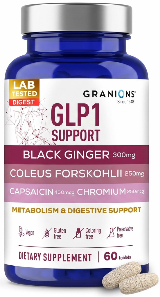 Granions GLP-1 Support Supplement - Metabolism, Gut Health, Digestive Support - Fermented Black Ginger, Coleus Forskohlii, Chromium, Capsaicin, Caffeine - Vegan, Gluten Free Supplements - 60 Tablets