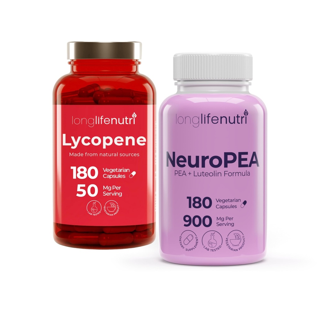 LongLifeNutri Lycopene 50 mg + NeuroPEA (Palmitoylethanolamide + Luteolin 800 mg/100 mg) Bundle - 180 + 180 Vegetarian Capsules, Nerve Performance & Supplement Health, Made in USA