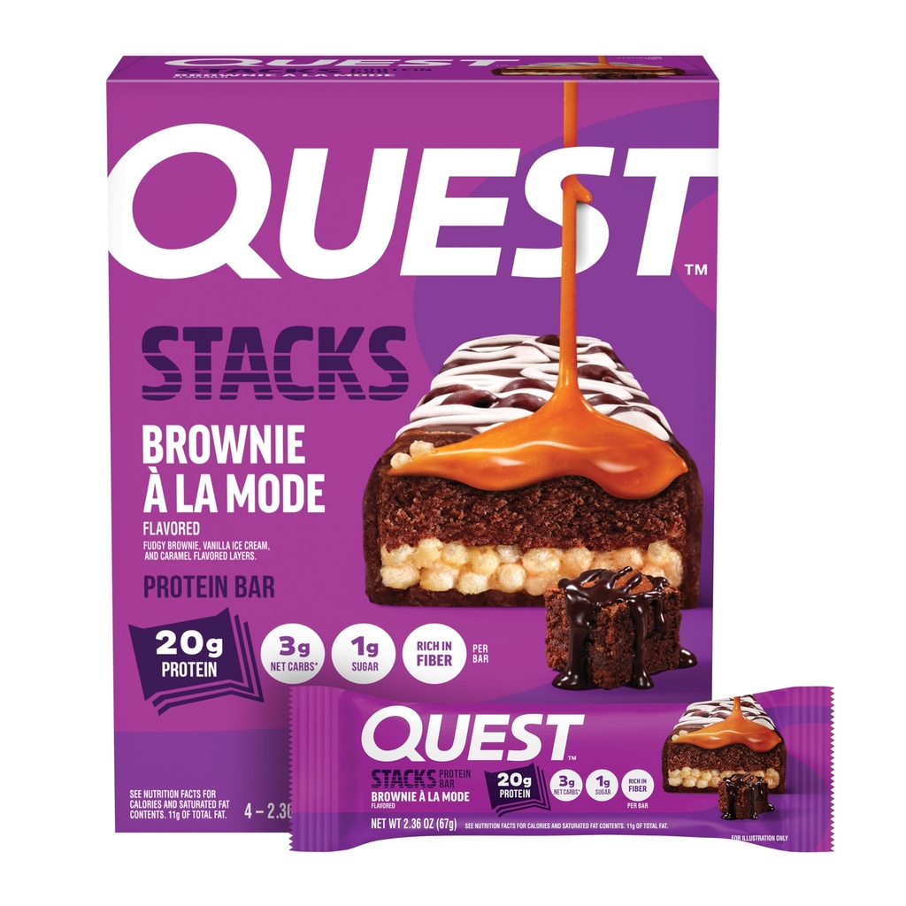Quest Nutrition Stacks Protein Bars, Brownie a la Mode Flavor, 20g Protein, 3g Net Carbs, 1g Sugar, High Fiber, Low Sugar, Gluten Free, 4 Count