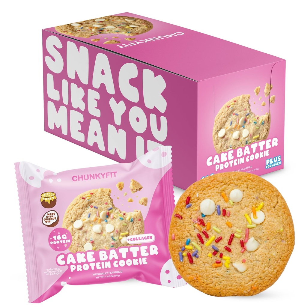 CHUNKYFIT Cake Batter Protein Cookie - Made with Coconut Oil, Collagen, 16g Protein, a Touch of Honey, Soft Baked Balanced Snack, Good for Post Workout Recovery - 1.87 OZ - 10 Pack