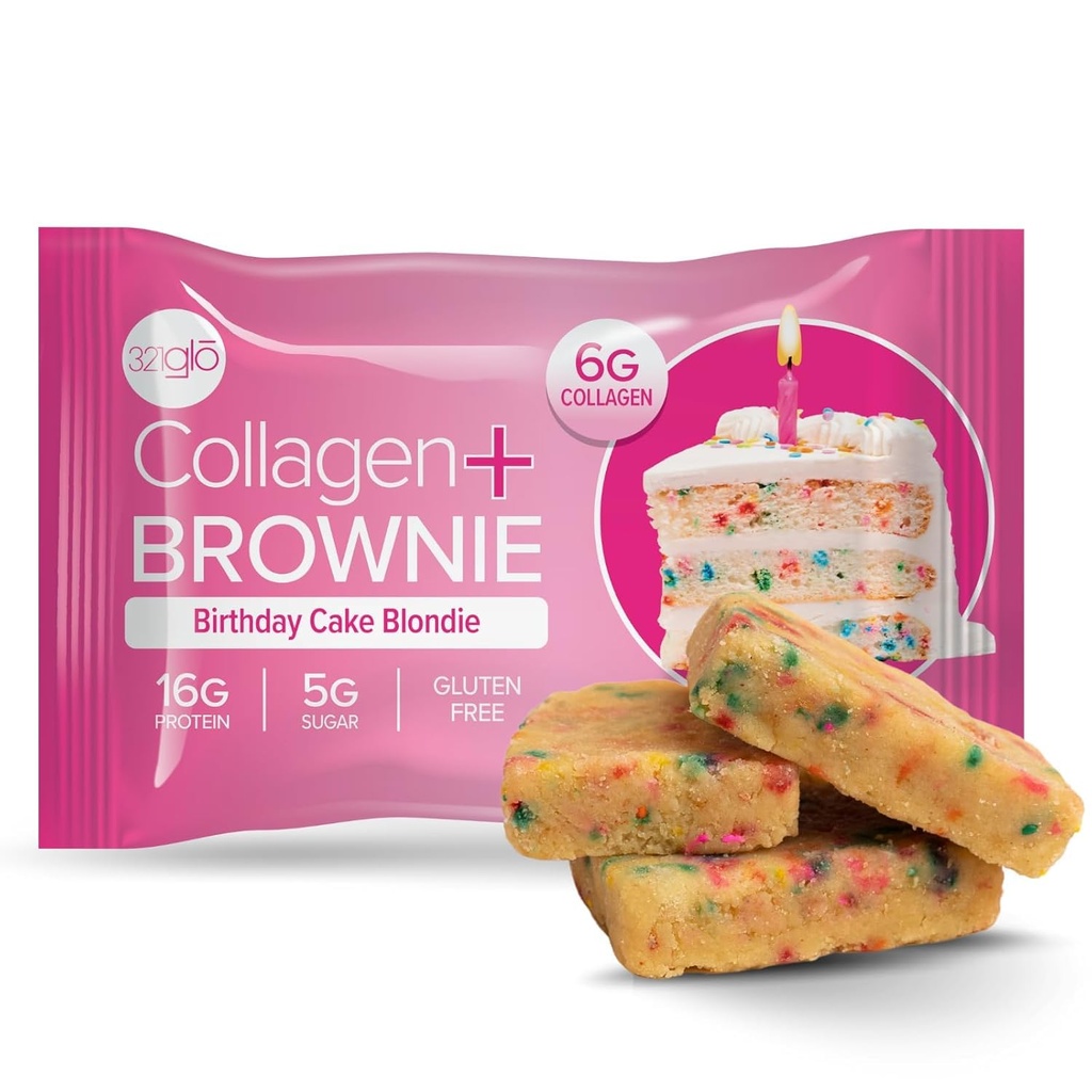 321glo Collagen Protein Brownie | Gluten Free, Low Sugar | Keto Snack for Women, Men, & Kids | 16g Protein, 6g Collagen | 12 Pack (12 Pack, Birthday Cake Blondie)