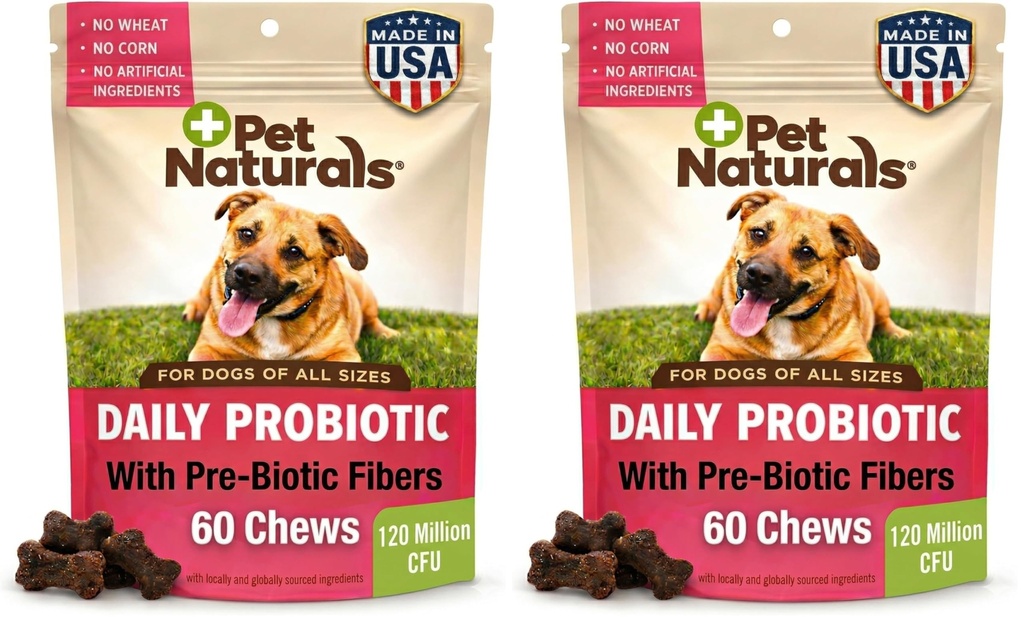 Pet Naturals Daily Probiotic for Dogs,120M CFUs - Pre and Probiotics for Dogs Digestive Health,Gut Health,Immune Support,Diarrhea,Allergies and Itching - 60 Chews,Duck Flavor,(Pack of 2)