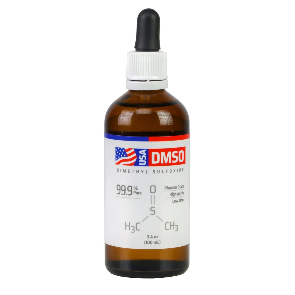 99.9% undiluted Dimethyl sulfoxide Liquid Pharmaceutical Grade Odourless DMSO with A Medical applicator in 3.5oz -100ml Amber Glass Bottle.