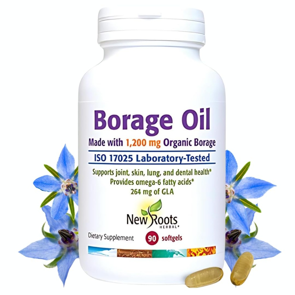 NEW ROOTS HERBAL Borage Oil Supplement 1200 mg | Organic Borage Seed Oil Cold-Pressed (90 softgels), GLA Supplement (264mg) with Linoleic Acid (444mg) | 100% Hexane-Free