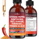 Cayenne Pepper Supplement Liquid Drops + Hawthorn Berry, Vitamin D3 K2 Beet Root Powder, Ceylon Cinnamon, Turmeric Curcumin, Organic Panax Ginseng - 2oz