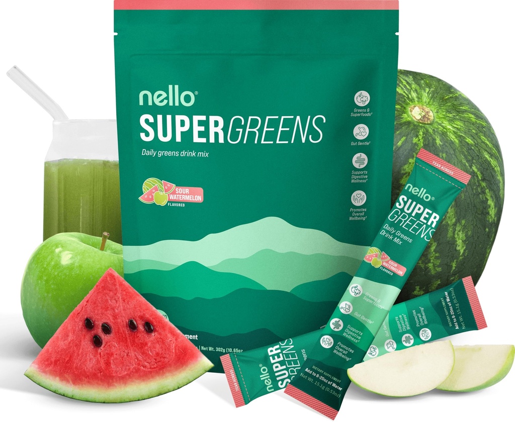 Nello Supergreens Premium Superfood Greens Drink Mix w/Chlorella, Moringa, Spinach & Broccoli + Digestive Enzymes & Probiotic Blend -Nutrient-Packed Powder (Sour Watermelon 20 SRV, Travel Pack)