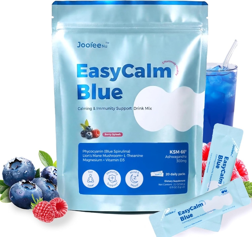 Magnesium Glycinate Drink Mix for Sleep & Stress Relief, Nighttime Sleep Aid with KSM-66 Ashwagandha, L-Theanine & GABA, Calming Powder for Anxiety Support, Blue Spirulina Relaxation Drink