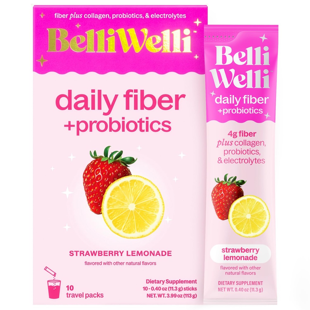 Belli Welli Daily Fiber Supplement Packets with Collagen, Probiotics & Electrolytes | Single Serve Packets for Gut Health, Digestion & Debloating | Strawberry Lemonade | 10 Count