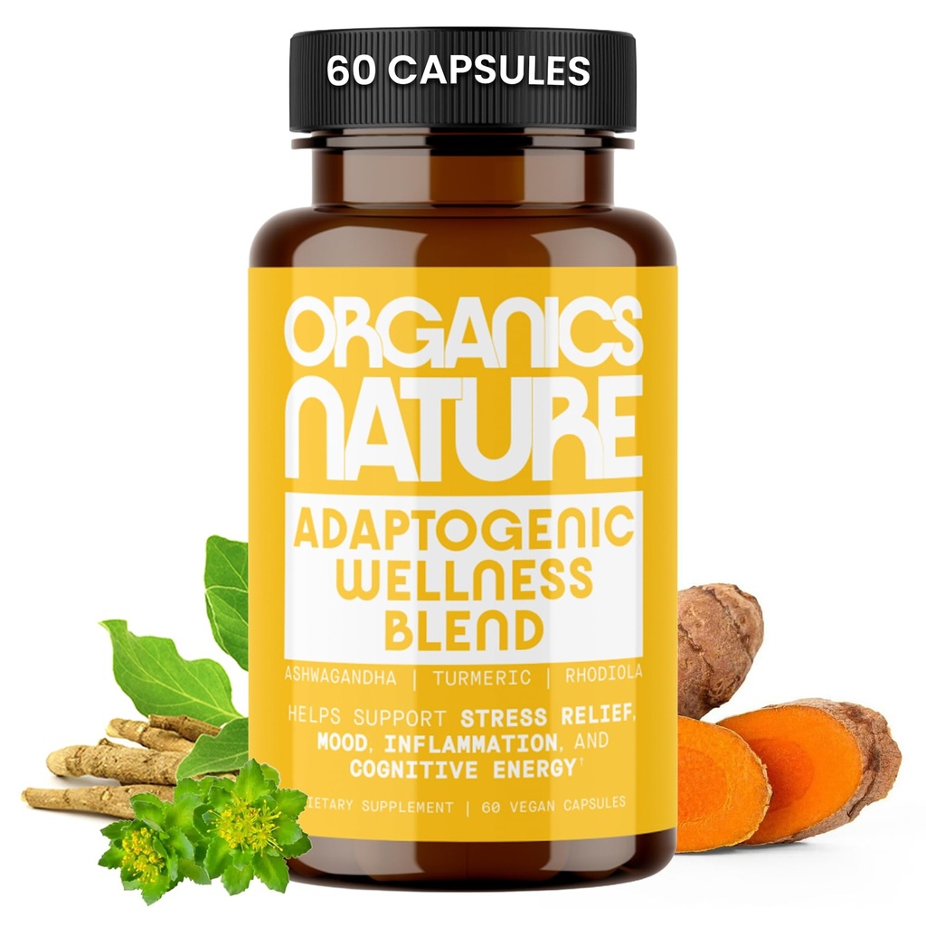 Adaptogenic Wellness Blend Capsules – Ashwagandha, Turmeric, Rhodiola, Ginger, Black Pepper, Stress Relief, Mood, Inflammation, Vegan, Non-GMO, Gluten-Free, 60 Capsules