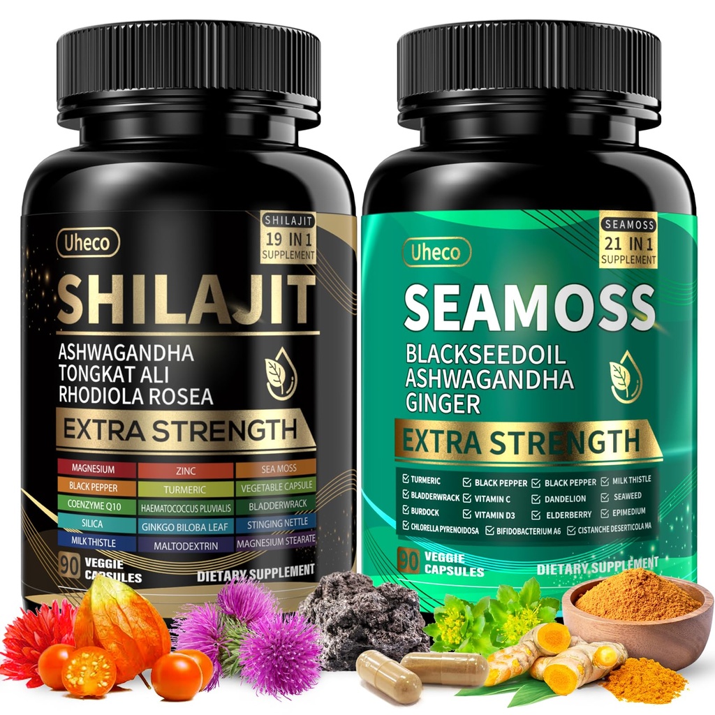 Shilajit and Sea Moss Vitality Bundle, Black Seed, Ashwagandha, Turmeric, Bladderwrack, Burdock, Tongkat Ali, All in 1 Mineral Supplements
