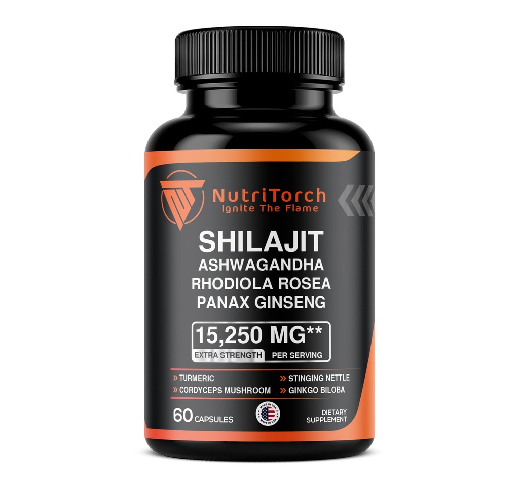 Shilajit Capsules - Supplement with Ashwagandha, Rhodiola Rosea, Panax Ginseng, Turmeric, Cordycep Mushrooms, Ginkgo Biloba - 15250Mg - 60 Capsules