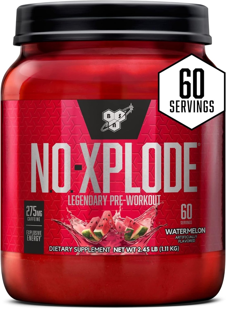 BSN N.O.-XPLODE Pre Workout Powder, energijska dopolnila za moške in ženske s kreatinom in beta-alanin, aroma: lubenica, 60 strežnikov