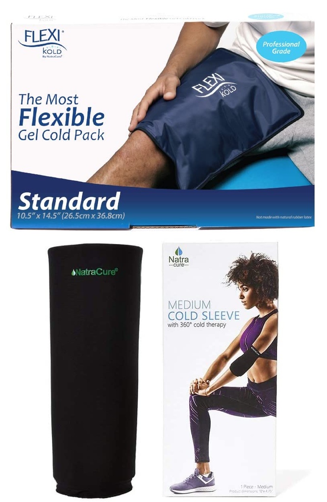 FlexiKold Large Gel Ice Pack and NatraCure Gel Cold Sleeve Wrap - Size: Medium