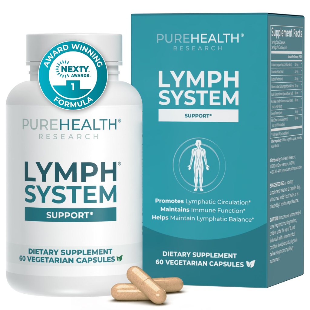 PUREHEALTH RESEARCH Lymph System Support - Lymphatic Drainage Supplement for Women & Men - Bromelain, Echinacea, Dandelion, Burdock Root, Lemon Powder, Kelp, Cleavers & More - 60 Capsules
