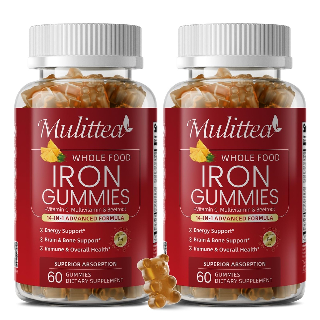 Iron Gummies for Women Men, 4-Source Iron Supplement with Vitamin C, Folate, B12, B6 & Copper, Red Blood Cell, Energy & Immune Support - Highly Absorbed, Gentle, Vegan - Pineapple Flavor - 120 Count