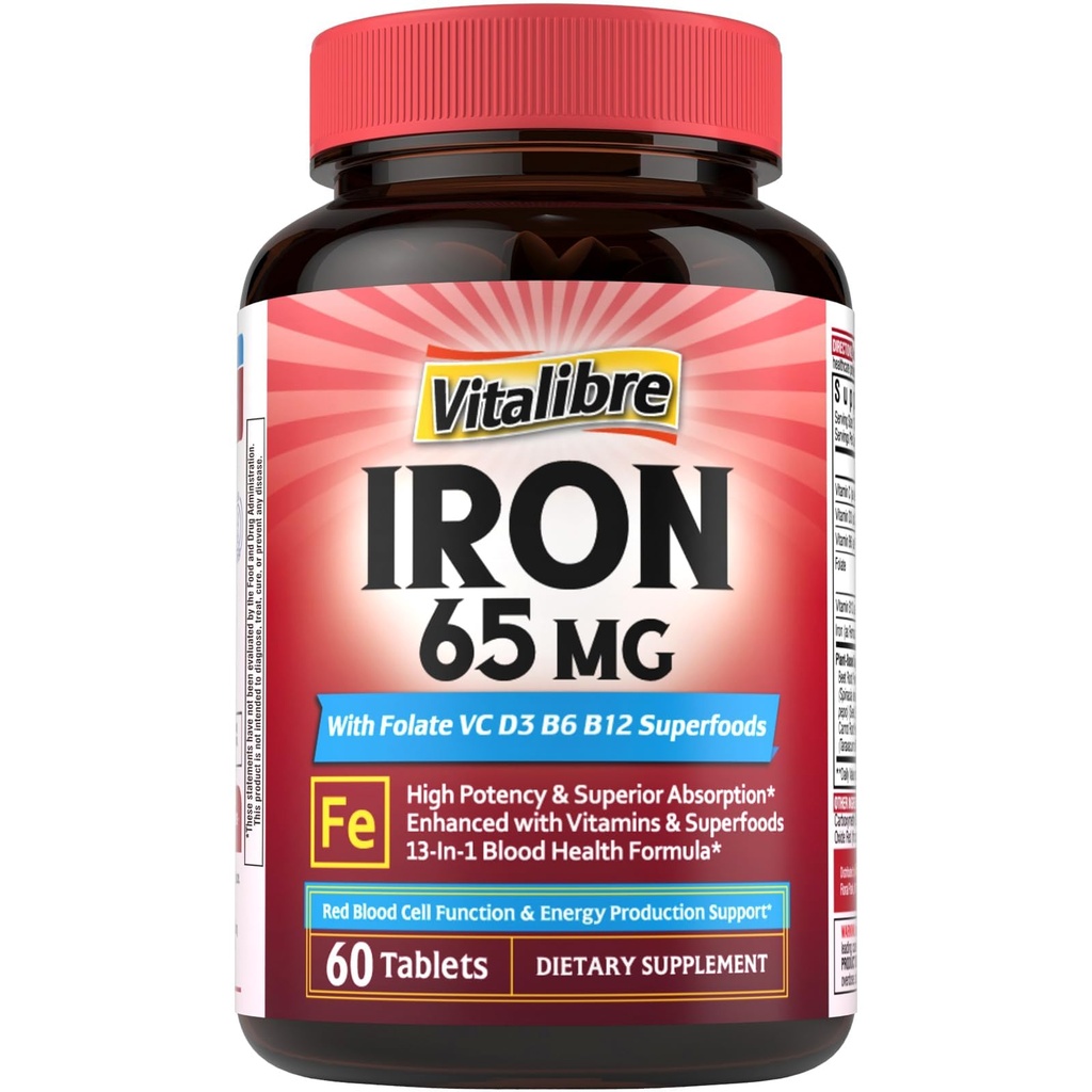 Vitalibre Iron Supplement for Women & Men, 65 mg, Ferrous Sulfate, Vitamin C, D3, B6, B12, Folate, Beet Root, Spinach, Pumpkin Seeds, Nettle, for Red Blood Cell & Energy Production, 60 Tablets