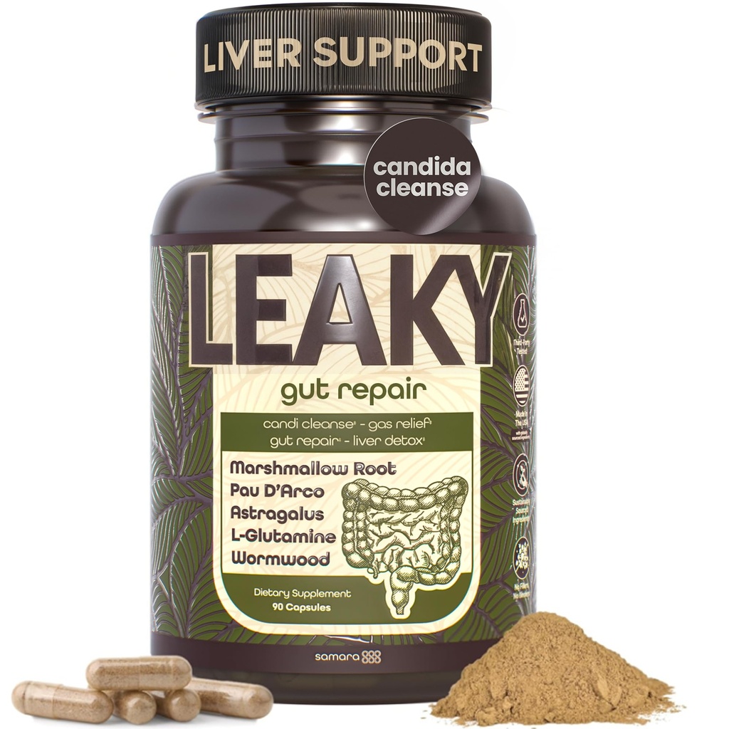 Samara 888 Leaky Gut Repair Supplement & Candida Support with Marshmallow Root, Woormwood and PAU D'Arco - Liver Cleanse Detox & Repair - Supports Gas Relief for Adults - 90 Vegan Capsules