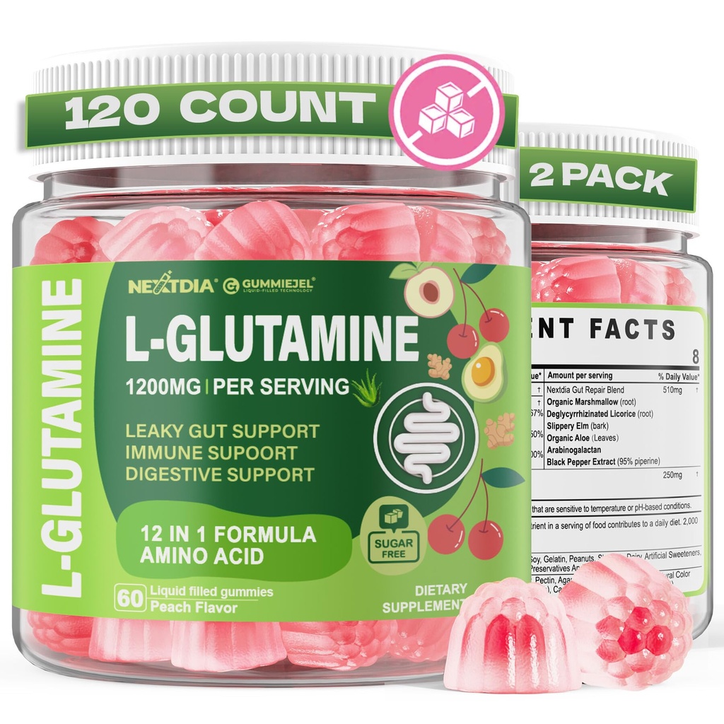 Nextdia L-Glutamine 1200mg Gummies for Gut & Immune Support – Leaky Gut Repair with Slippery Elm, Marshmallow Root, Ginger, Aloe, Vitamin C D3, Zinc & Probiotic – Sugar-Free, 120 Ct