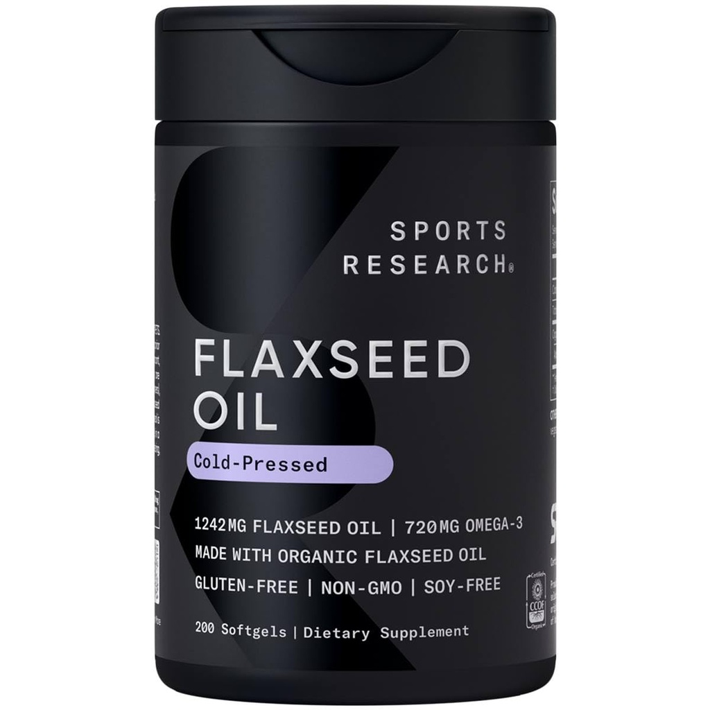 Sports Research Organic Flaxseed Oil Softgels 1242mg - Plant Based Omega 3 Supplement with 720mg ALA for Women & Men - Non-GMO, Soy & Gluten Free (200 Count)