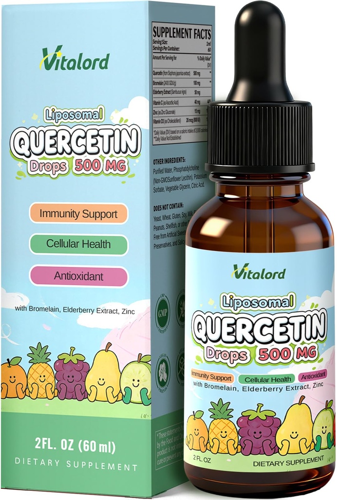 Liposomal Quercetin with Bromelain Liquid Drops, Quercetin 500mg with Zinc Supplement for Kids & Adults, Immunity & Antioxidant Support, with Elderberry Extract, Vitamin C & Vitamin D3, 2 Fl Oz