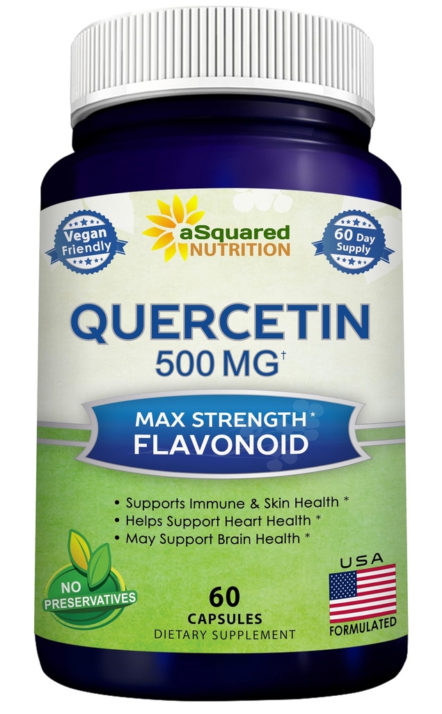 aSquared Nutrition Quercetin 500mg Supplement - 60 Capsules - Quercitin Dihydrate Powder Complex Pills to Support Immune Response & Cardiovascular Health - Pure & Max Strength